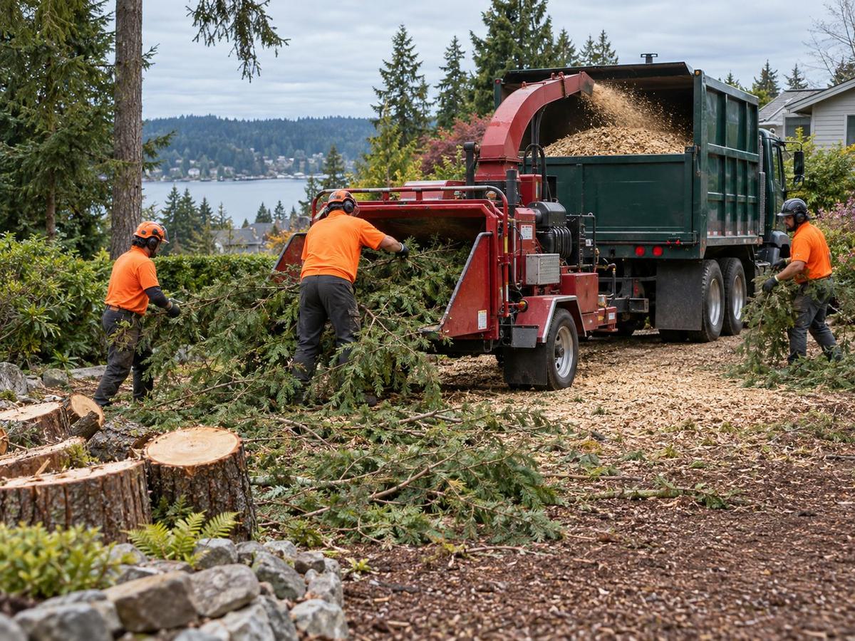 Wood chipper and truck in a cleared yard