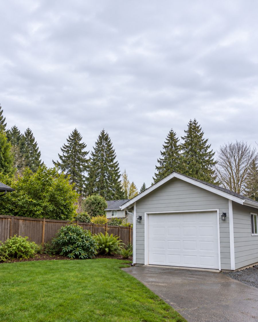 After: the fir removed, clean yard and new planting