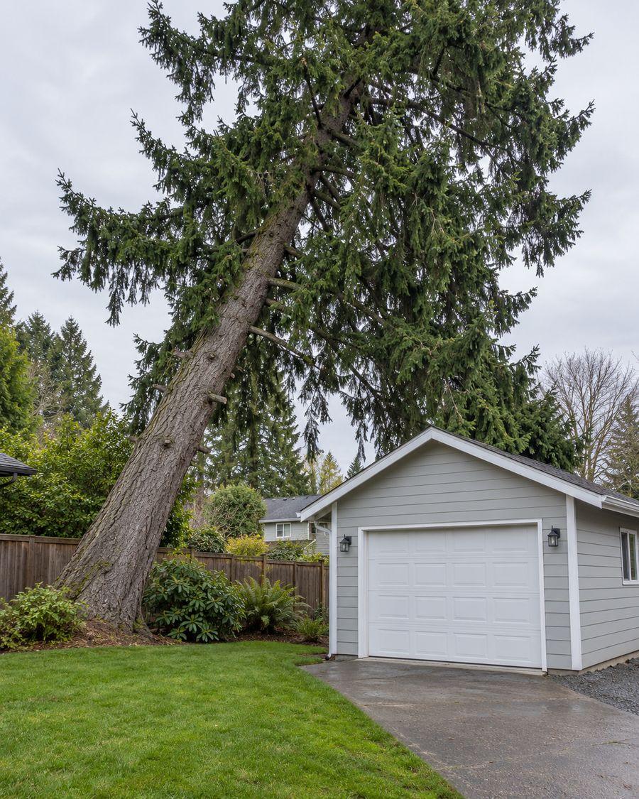Before: a tall fir leaning toward the garage