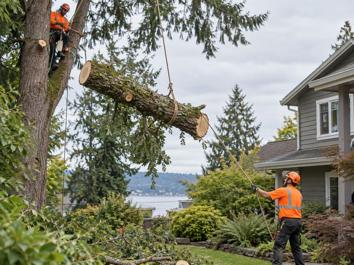 Crew lowering a large limb by rope