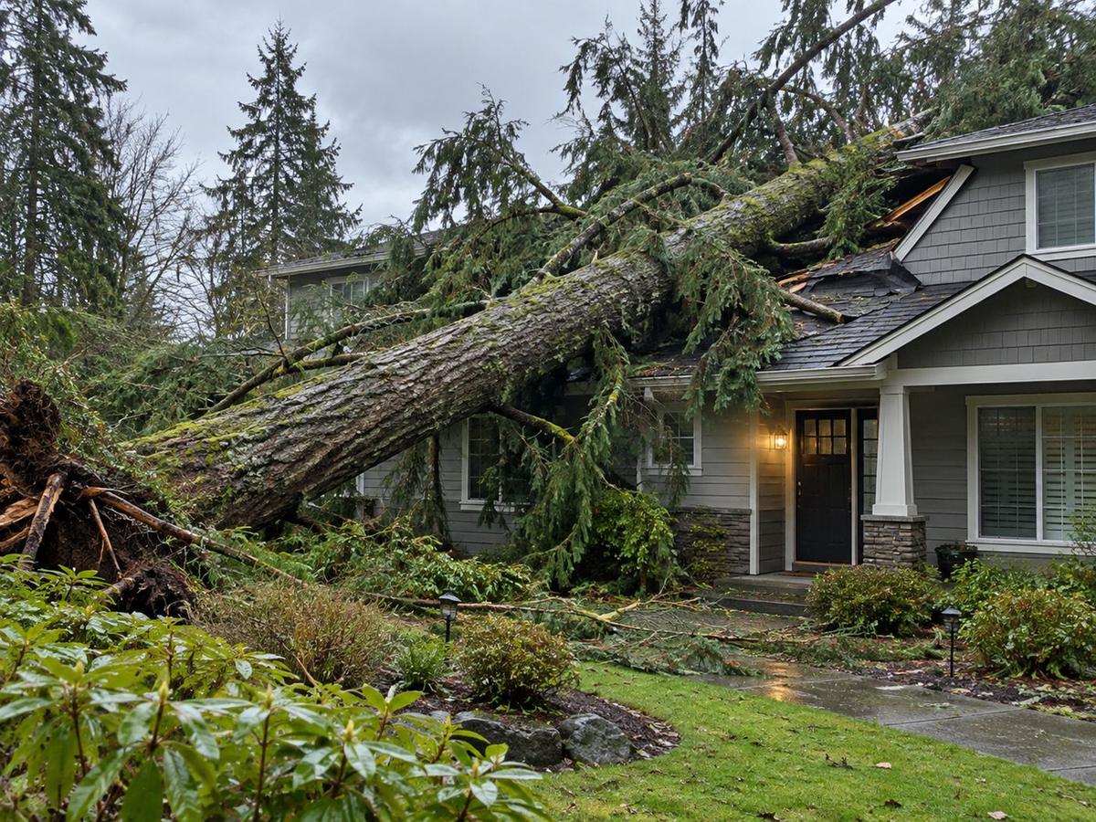 Tree fallen onto a house roof after a storm