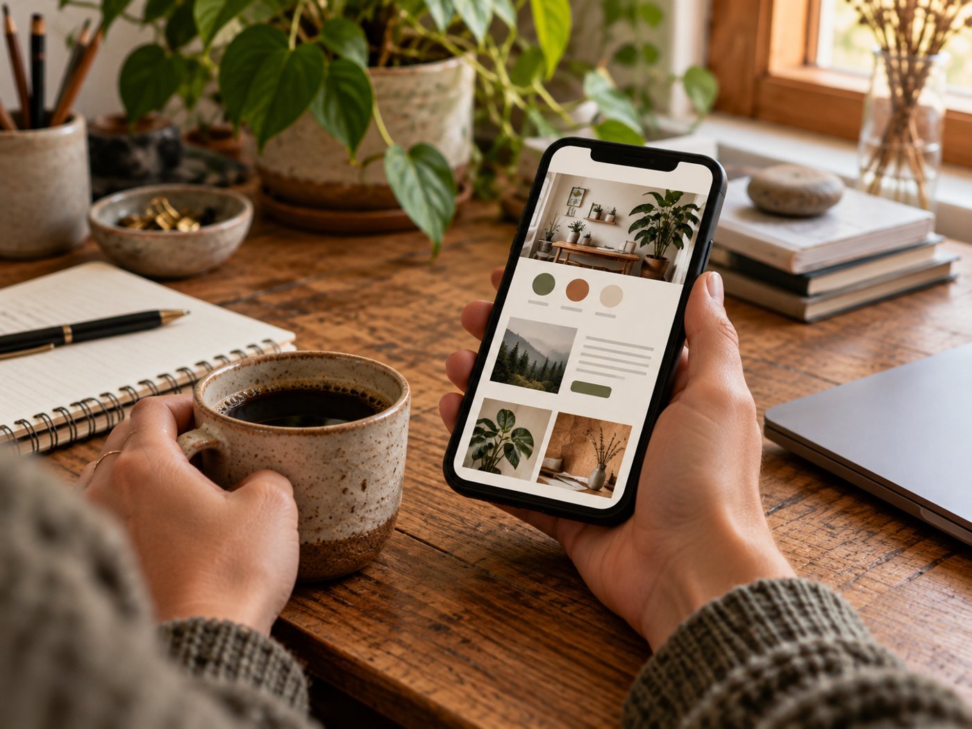 Checking a website design on a phone with coffee