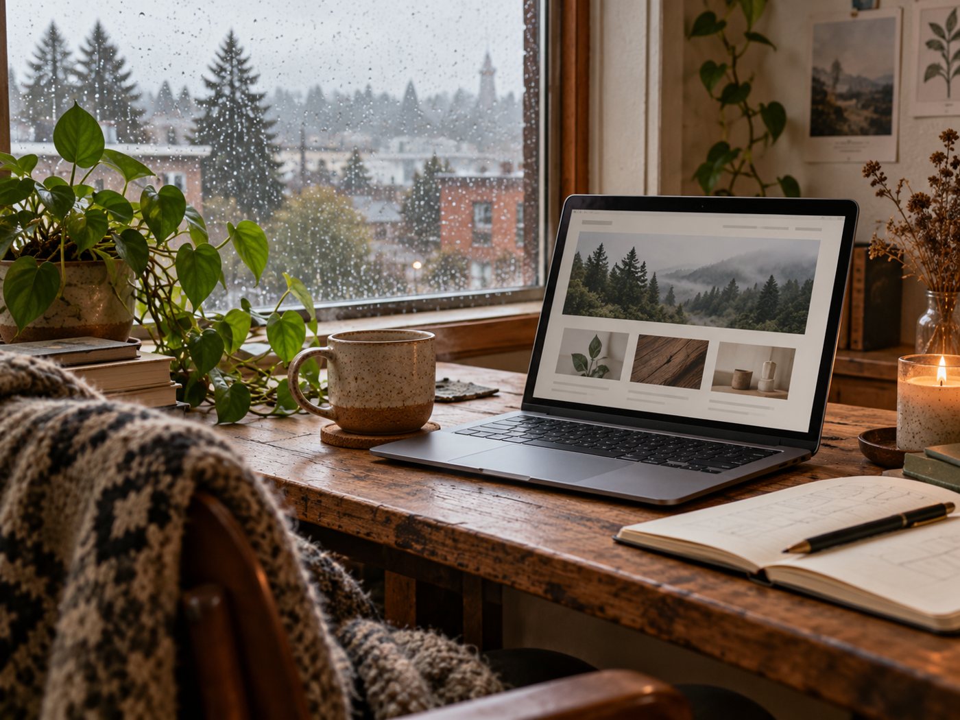 A laptop on a wooden desk by a rainy Portland window