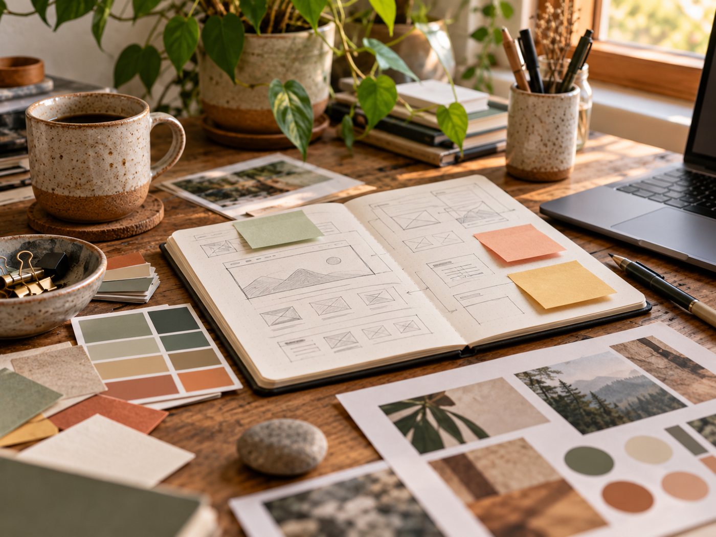 Notebook with website layout sketches, sticky notes and color swatches